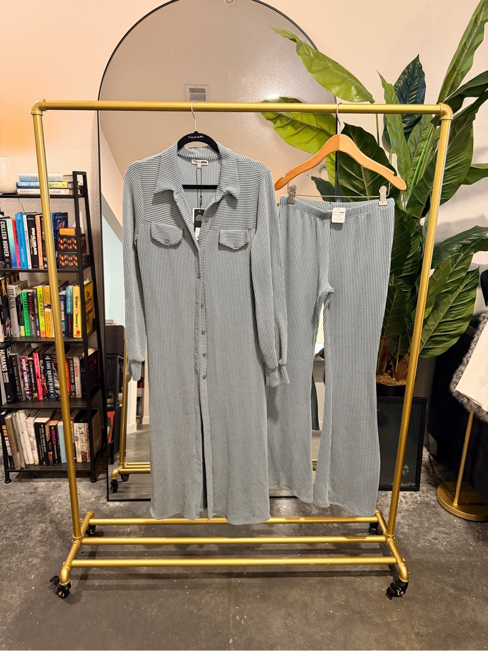 Fashionnova Long Day Ribbed Pant Set in Sage- Size Medium